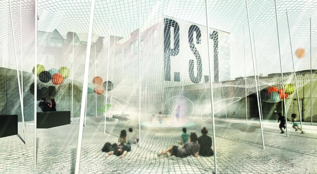 Rendering of Pole Dance at MoMA PS1. Designed by Solid Objectives - Idenburg Liu (SO - IL). Photo courtesy SO - IL