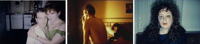From left: Nan Goldin. Nan on Brian's Lap, Nan's Birthday, New York City. 1981. Silver dye bleach print, printed 2008. The Museum of Modern Art, New York. Purchase; Nan Goldin. Nan and Brian in Bed, New York City. 1983. Silver dye bleach print, printed 2006. Acquired through the generosity of Jon L. Stryker; Nan Goldin. Nan One Month After Being Battered. 1984. Silver dye bleach print, printed 2008. Purchase. All © 2010 Nan Goldin