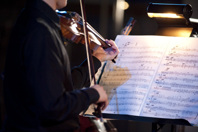 A musician from The New Juilliard Ensemble performing at Summergarden 2009. Photograph by Greg Kessler