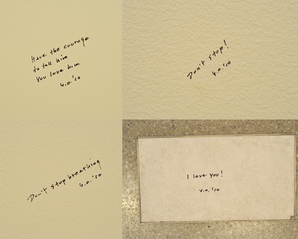 Whisper Piece selections Yoko Ono. Selections from Whisper Piece (four of sixteen total; installation view at The Museum of Modern Art). 2010. Pen on wall, dimensions variable. Collection of the artist. Photo: Jason Persse