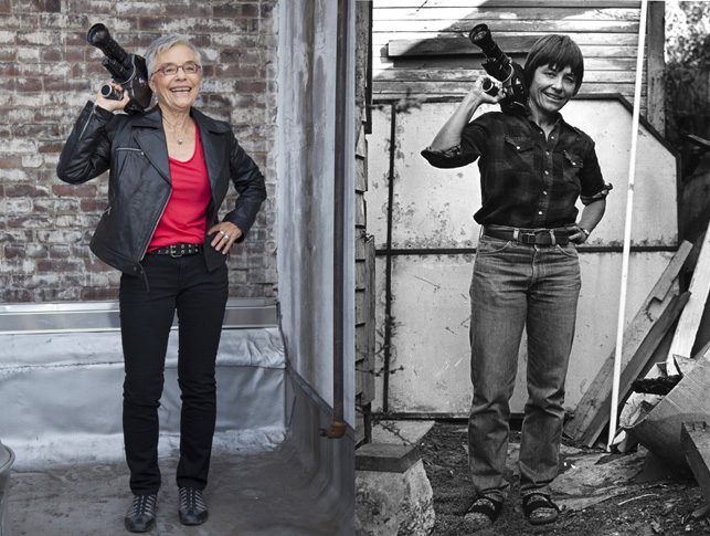 A composite of two portrait images: Barbara Hammer in her Oakland studio yard. 1979. Photograph by Maria Brannstrom; Barbara Hammer on NYC rooftop. 2010. Photograph by Susan Wides. (c) Susan Wides, studio.susanwides.com