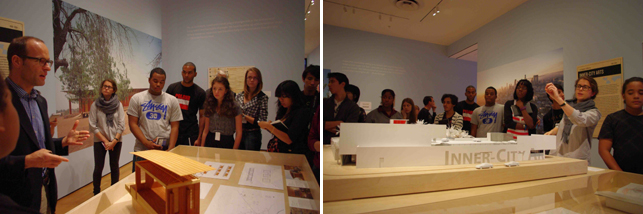 Left: Curator Andres Lepik taking the teens through the Small Scale, Big Change exhibition; Right: Assistant Curator Margot Weller describes a section from the exhibition.