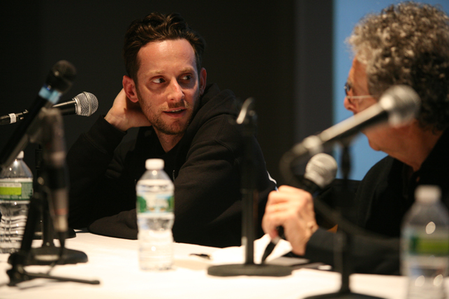 Artist Adam Helms in discussion with writer and curator Klaus Kertess. Photo by Brett Messenger