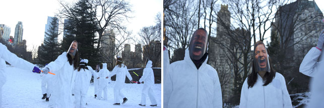 From left: More images from the Central Park performance; Teens, masks, and Tyvek suits