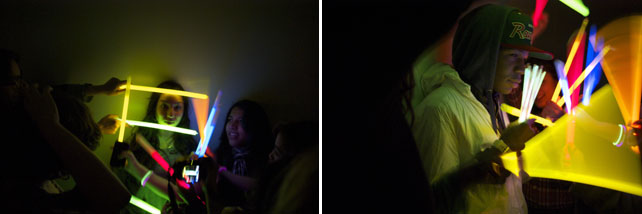 From left: Teens setting up photos during the impromptu second performance; More neon and photography