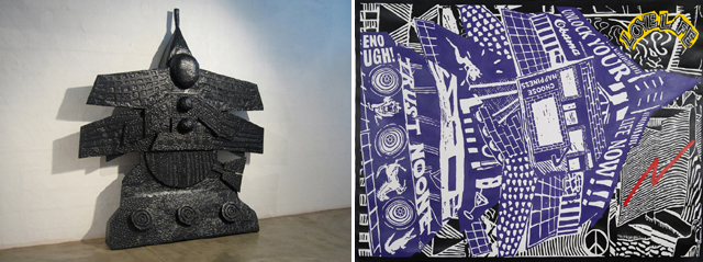 From left: Cameron Platter. Spaceship. 2008. Acrylic on carved jacaranda wood; Cameron Platter. Killa Zebraz Spaceship. 2011. Pencil crayon on paper