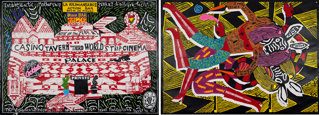 From left: Cameron Platter. Intergalactic Mothership Leisure Facility. 2011. Pencil crayon on paper; Cameron Platter. The Struggle Between Good and Evil. 2011. Pencil crayon on paper