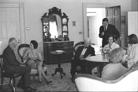 Unknown White House photographer. Lady Bird Johnson visits with Edward Steichen and Carl Sandburg, Lincoln Room, White House, Washington, DC, April 10, 1964; LBJ Library