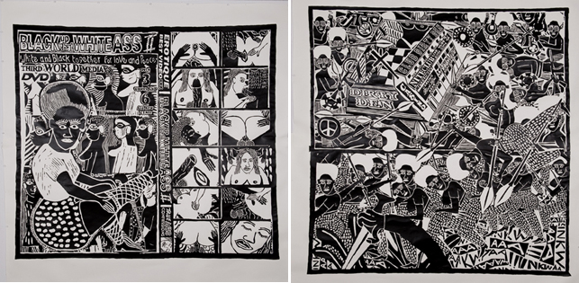 From left: Cameron Platter. Black Up that White Ass II. 2009. Pencil crayon on paper; Cameron Platter. The Battle of Rorke’s Drift at Club Dirty Den. 2009. Pencil and crayon on paper. The Museum of Modern Art, New York. General Print Fund. © 2011 Cameron Platter