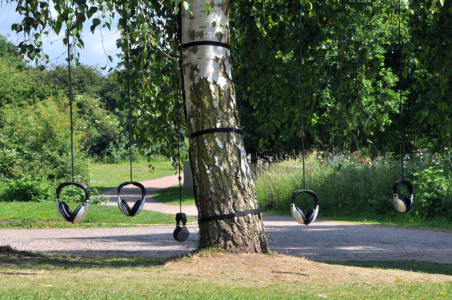 Alex Metcalf, Design Products Department, Royal College of Art. Tree Listening at Fermynwoods, Northamptonshire, England. 2009. Installation with copper, plastic, stainless steel, aluminum, glass, headphones, amplifier, and wood, dimensions variable. Photo Credit: Alex Metcalf