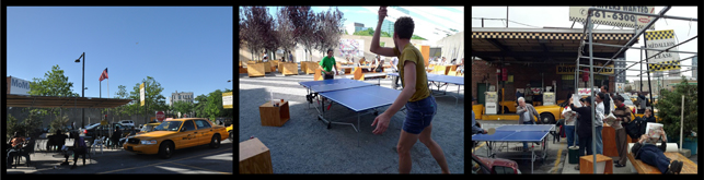 From left to right: Spring, 2011: Cab drivers from Checker Management wanted a ping-pong table and chess table for this makeshift plaza that they hang out at while waiting for their shift to start. Summer, 2011: The ping-ping table in a holding pattern at MoMA PS1. Fall, 2011: The ping-pong table and chess table are released from their holding pattern and installed at Checker Management’s plaza.