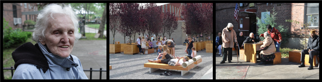 From left to right: Spring, 2011: Seniors from Ravenswood Senior Center wanted some outdoor furniture for their courtyard. Summer, 2011: We designed and built chaise lounges, benches, and stools, and “held” them in MoMA PS1’s courtyard. Fall, 2011: The furniture is released from a holding pattern and installed in the Ravenswood Senior Center’s courtyard.