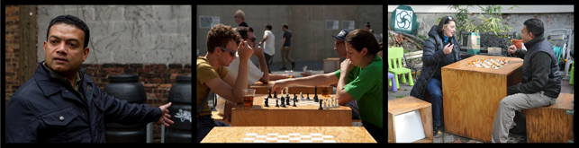 From left to right: Spring, 2011: Marc Christie wanted a chess table and some benches for the LIC Community Garden. Summer, 2011: We designed and built a chess table and benches and “held” them in MoMA PS1’s courtyard. Fall, 2011: The items are released from their holding pattern and installed in the Garden.