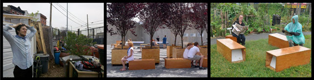 From left to right: Spring, 2011: Gardeners from Two Coves Community Garden wanted some benches for their Garden. Summer, 2011: We designed and built benches and “held” them in MoMA PS1’s courtyard. Fall, 2011: The items are released from their holding pattern and installed in the Garden.