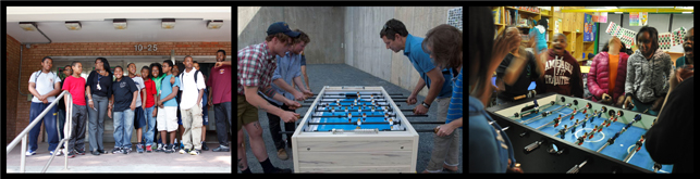 From left to right: Spring, 2011: Students from Jacob Riis Neighborhood Settlement wanted some games for their new rec room. Summer, 2011: We bought a foosball table and "held" it in MoMA PS1's courtyard. Fall, 2011: The foosball table is released from its holding pattern and installed at Jacob Riis.