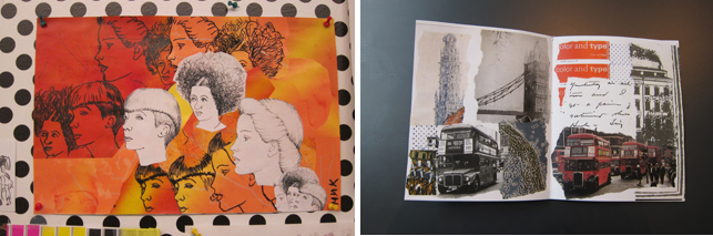 From left: A work featuring a colorful combination of digitally and manually reproduced drawings; and pages from a small hand-bound book of images of London made by a visitor