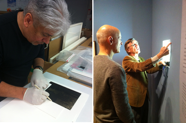 From left: Peter Perez secures the glass plate within frame; Jerry Neuner and Harvey Tulcensky in front of light sheet in gallery