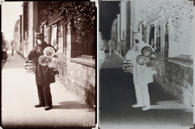 From left: Eugène Atget. Marchand de paniers en fil de fer. 1899–1900. Albumen silver print, printed 1978 by Chicago Albumen Works. Abbott-Levy Collection. Partial gift of Shirley C. Burden; Eugène Atget. Marchand de paniers en fil de fer. 1899–1900. Gelatin dry plate negative. Abbott-Levy Collection. Partial gift of Shirley C. Burden