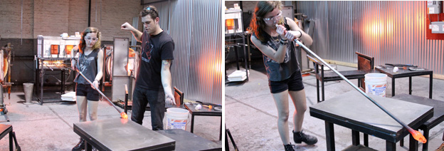 From left: Keith explains the basic fundamentals of glassblowing; A daredevil tests her lung capacity while making a piece