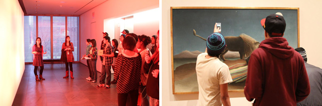 From left: Taking inspiration from Leo Villareal’s Field; capturing video at Rousseau's Sleeping Gypsy