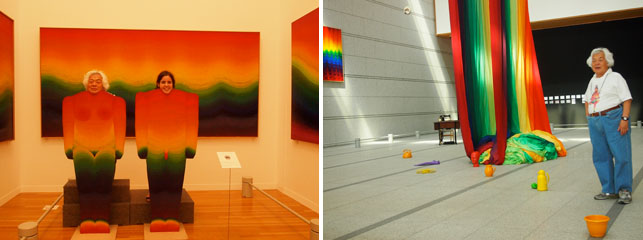 From left: Ay-O and I being tourists in his Rainbow Environment No. 1, 1964, at the Museum of Contemporary Art, Tokyo; Ay-O observing his audience during his final performance at the Museum of Contemporary Art, Tokyo on May 6, 2012