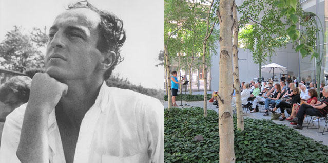 From left: Frank O'Hara, photo: Kenward Elmslie; Poet Stefania Heim reads her favorite O'Hara lunch poems in MoMA's Abby Aldrich Rockefeller Sculpture Garden