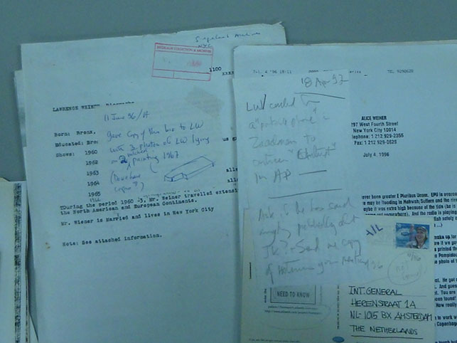 5.Notes written by Siegelaub and stapled or taped to his correspondence with Lawrence Weiner.