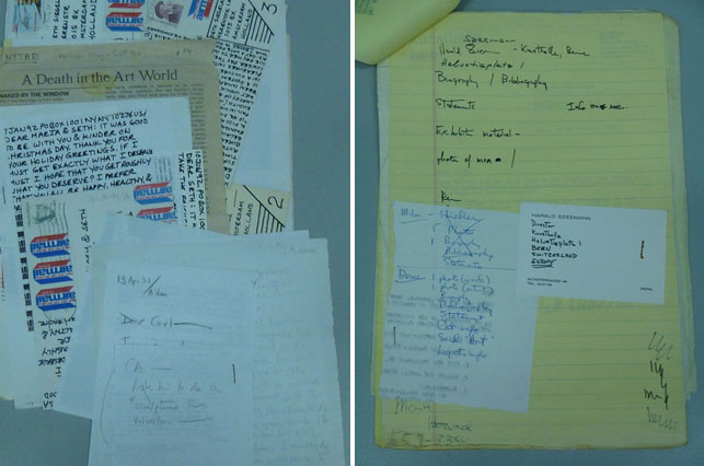 From left: Notes written by Siegelaub in a packet containing his correspondence with Harald Szeeman; Note by Siegelaub to himself in his packet of personal correspondence with Carl Andre