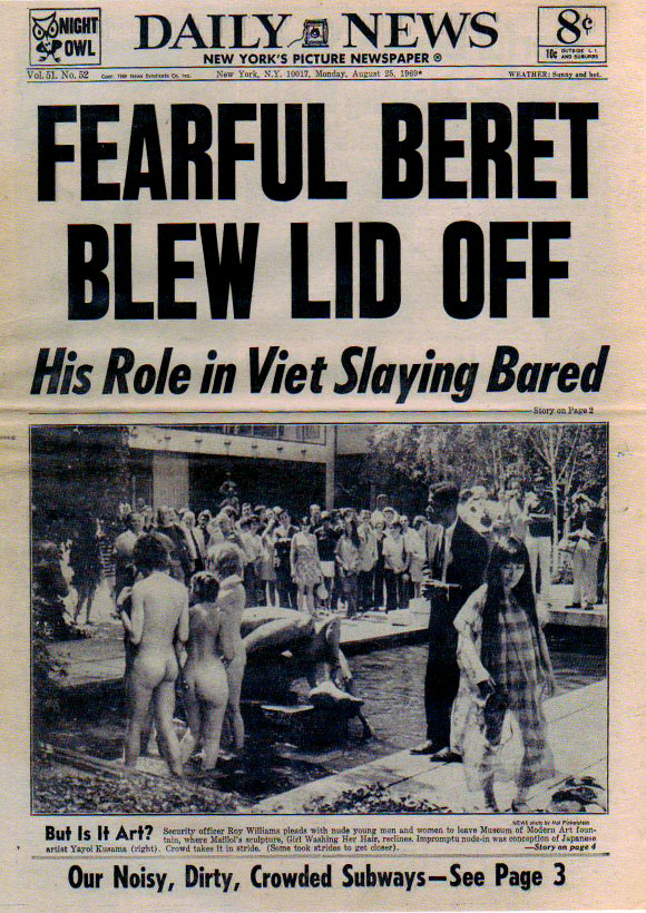 Front page of New York Daily News with photograph of Kusama's Grand Orgy to Awaken the Dead at MoMA, August 25, 1969