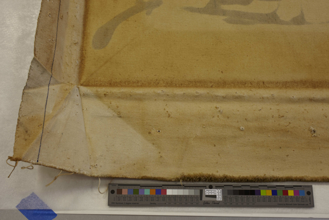This detail shows the back of Echo with the stretcher removed. The canvas has become darkened and brown where it has been in direct contact with the wood stretcher