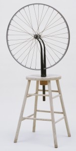 Marcel Duchamp, <em>Bicycle Wheel</em> 1951 (third version, after lost original of 1913). Metal wheel mounted on painted wood stool, 51 x 25 x 16 1/2" (129.5 x 63.5 x 41.9 cm). The Sidney and Harriet Janis Collection. © 2012 Artists Rights Society (ARS), New York / ADAGP, Paris / Estate of Marcel Duchamp Marcel Duchamp, <em>Bicycle Wheel</em> 1951 (third version, after lost original of 1913). Metal wheel mounted on painted wood stool, 51 x 25 x 16 1/2" (129.5 x 63.5 x 41.9 cm). The Sidney and Harriet Janis Collection. © 2012 Artists Rights Society (ARS), New York / ADAGP, Paris / Estate of Marcel Duchamp