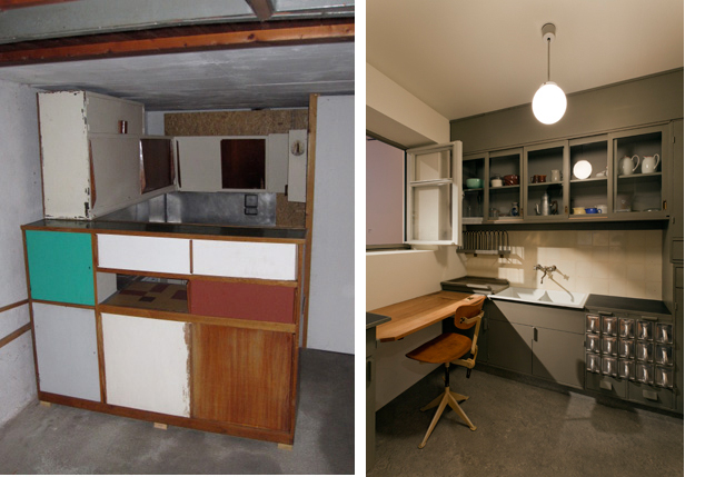Images from left: Charlotte Perriand and Le Corbusier's Marseille kitchen assembled in a collector’s garage in Munich, Germany; Margarete Schütte-Lihotzky, Frankfurt Kitchen from the Ginnheim-Höhenblick Housing Estate, Frankfurt am Main, Germany. 1926–27. Various materials, 8’9” x 12’10” x 6’10” (266.7 x 391.2 x 208.3 cm). The Museum of Modern Art, New York. Gift of Joan R. Brewster in memory of her Husband George W.W. Brewster, by exchange and the Architecture & Design Purchase Fund