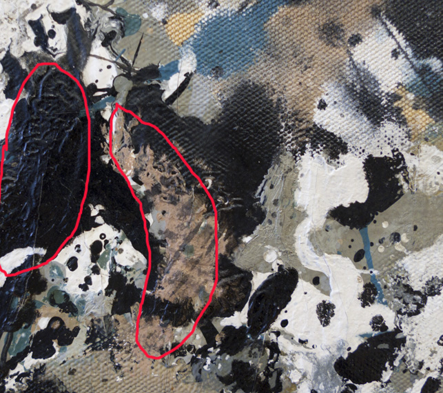 Areas inconsistent with Pollock’s painting technique are found scattered across the painting. These regions share similar qualities in their color, texture, and style of application