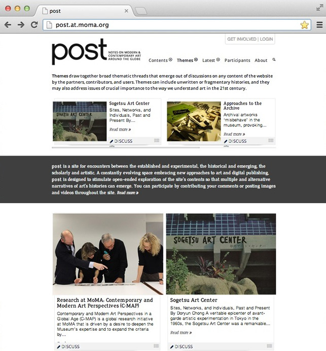 Screenshot showing some of the latest themes, which draw together broad thematic threads that emerge out of discussions on any content of the website by the partners, contributors, and users.
