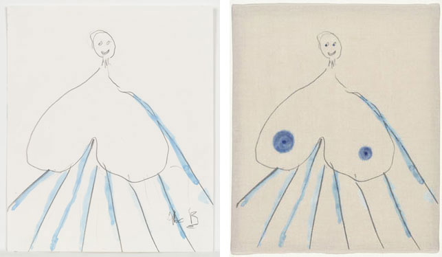 Louise Bourgeois. Untitled, no. 7 of 36, from the series, The Fragile. 2007. Left: Watercolor and pencil on paper, sheet: 9 1/2 x 8" (24.1 x 20.3 cm). Right: Digital print, with blue dye additions, sheet: 11 1/2 x 9 1/2" (29.2 x 24.1 cm). © 2013 Louise Bourgeois Trust
