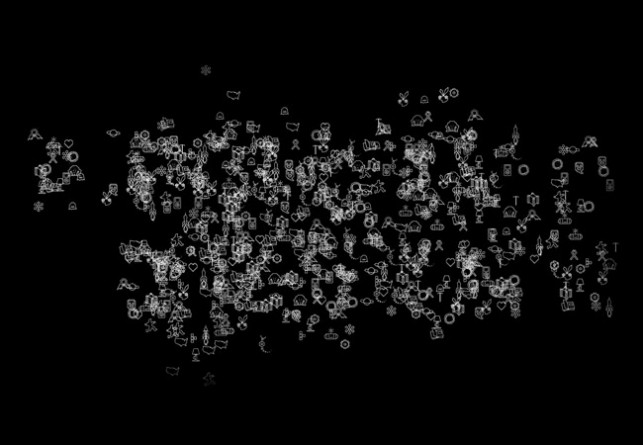 The title wall animation, made out of icons of works in the show