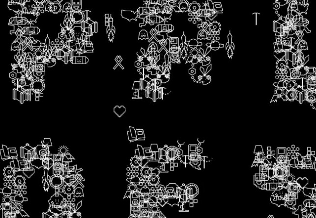 The title wall animation, made out of icons of works in the show