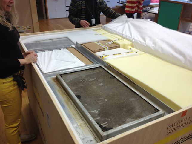 The crated kitchen arriving at the lab; Photos provided by ?????