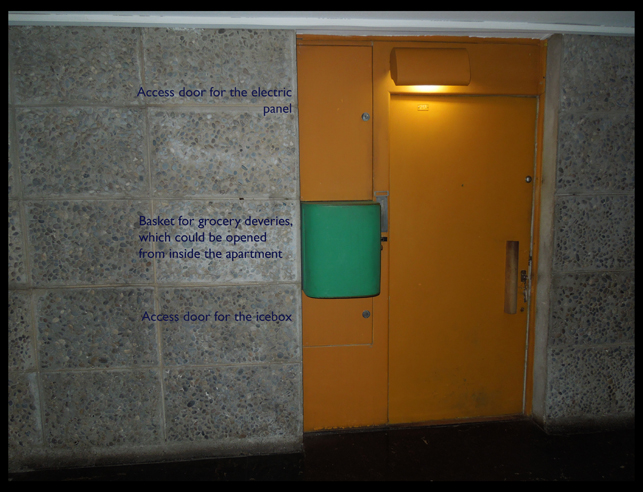 Image of the front door of an apartment in the Unité, with each of the hallway access panels. Image of the front door of an apartment in the Unité, with each of the hallway access panels.