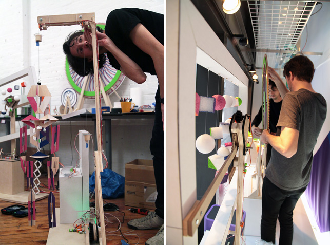 From left: Adjusting the Puppet display, which features a DC motor, long LED, UV LED and roller switch Bits; Installation in progress at our Midtown NYC location.