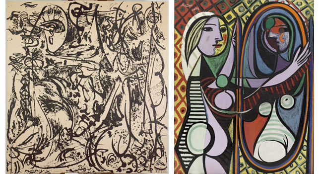 From left: Jackson Pollock. <em>Echo: Number 25, 1951.</em> 1951. Enamel paint on canvas. Acquired through the Lillie P. Bliss Bequest and the Mr. and Mrs. David Rockefeller Fund. © 2013 Pollock-Krasner Foundation/Artists Rights Society (ARS), New York; Pablo Picasso. <em>Girl Before a Mirror.</em> 1932. Oil on canvas. Gift of Mrs. Simon Guggenheim. © 2013 Estate of Pablo Picasso/Artists Rights Society (ARS), New York