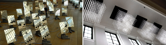Random International. Audience. 2008 mirror, metal cast bases, motors, custom motion tracking software, camera, computer Dimensions variable Each mirror 150 x 250 x 150 mm Edition of 8 + 4 AP Carpenters Workshop Gallery; Swarm Study / III, 2011 electronics, Corian, steel frame 123mm x 456mm x 789mm. Installation view at the Victoria and Albert Museum