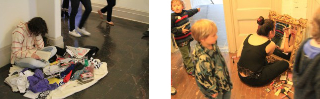 From left: Katy’s recreated bedroom scene, near the elevators; Stephanie applying makeup for an hour in the galleries, with young spectators