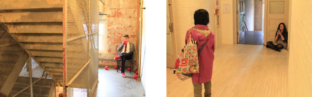 From left: Skylar reminds people to “take a breath” in the stairwell; Zoe takes pictures of the MoMA PS1 visitors from her spot in the corner