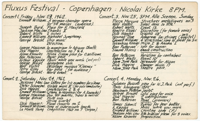 Fluxus founder George Maciunas kept index cards which listed the works that were performed at concerts and festivals organized by him and his fellow artists. Along with photographs and recordings, written accounts such as these are the only records we have of such historical performances. Silverman Fluxus Archives, V.D.1.8.