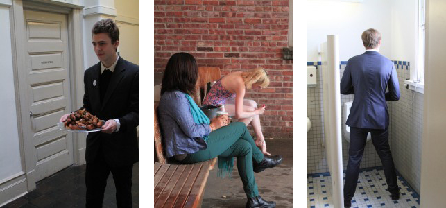 From left: Otis carries his sausages to the bathroom; Julia shaves her legs for one hour in the MoMA PS1 courtyard; John sings Britney Spears songs for an hour at the urinal