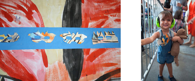 From left: Detail of Fort Makers stage set design; A young Warm Up reveler with a Fort Maker's mask. Photos: Charles Roussel