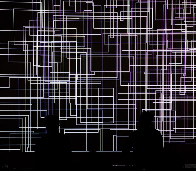 cyclo. (Ryoji Ikeda and Carsten Nicolai) in performance, 2011. Photo: YCAM Yamaguchi Center for Arts and Media