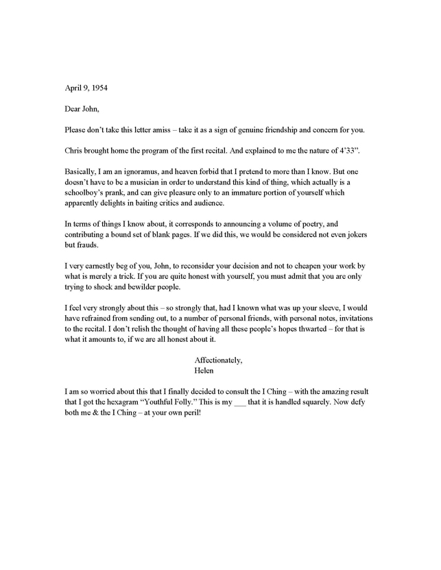Transcription of letter from Helen Wolff to John Cage. April 9, 1954