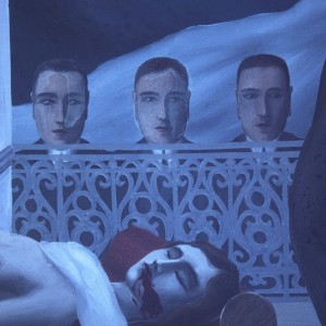 Detail of The Menaced Assassin. This image taken under ultraviolet light shows how Magritte highlighted the three heads at center with varnish
